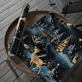 Hirsche Dark Blue Forest Weihnachtsabend Winter Geschenkpapier