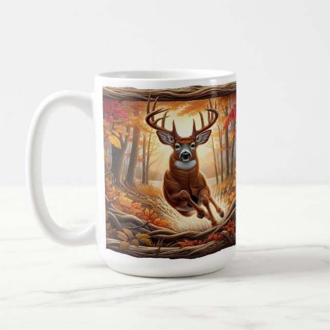 Hirsche, die durch den blühenden Herbstwald spring Kaffeetasse (Links)