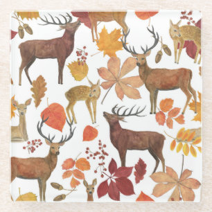 Hirsche, Herbstblätter: Aquarellmuster. Glasuntersetzer