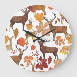 Hirsche, Herbstblätter: Aquarellmuster. Große Wanduhr