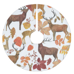 Hirsche, Herbstblätter: Aquarellmuster. Polyester Weihnachtsbaumdecke