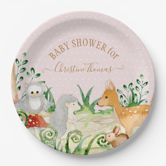 Hirsche Igel Woodland Creatures Baby Girl Shower Pappteller (Vorderseite)