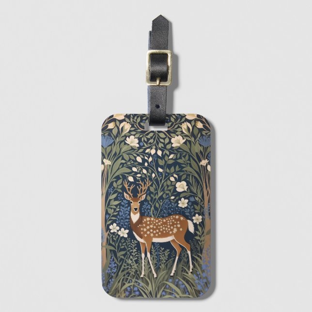 Hirsche im Bluebellwald William Morris Inspiriert Gepäckanhänger (Vorderseite Vertikal)