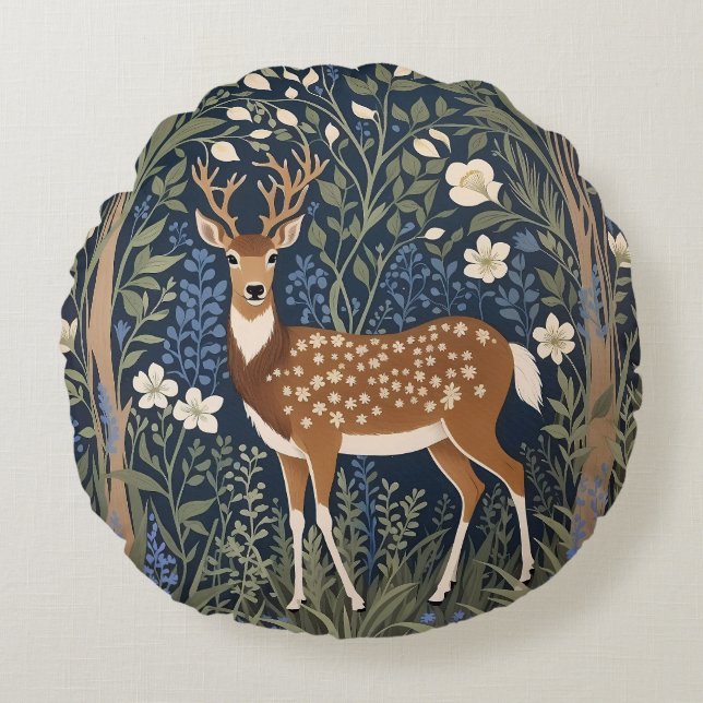 Hirsche im Bluebellwald William Morris Inspiriert Rundes Kissen (Vorderseite)