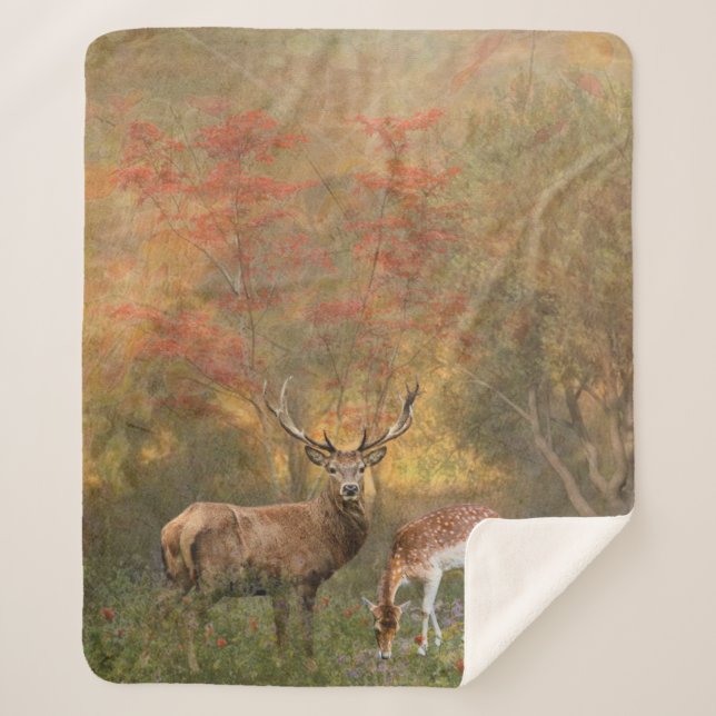 Hirsche im Herbstwald Sherpadecke (Vorderseite)