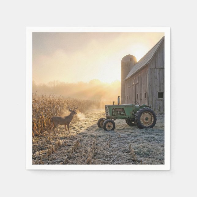 Hirsche im Morgennebel mit Landwirtschlepper Serviette (Vorderseite)