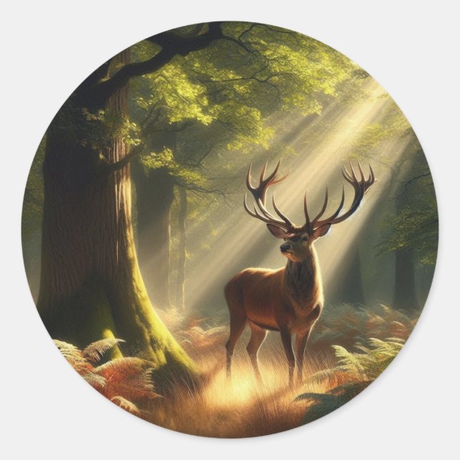 Hirsche im Morgenwald Runder Aufkleber (Vorderseite)