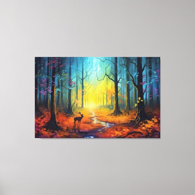 Hirsche im Regenbogen-Herbstwald Leinwanddruck (Vorderseite)