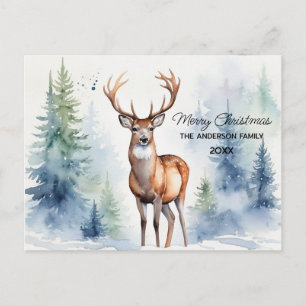 Hirsche im schneebedeckten Wald Weihnachtsbäume Aq Postkarte