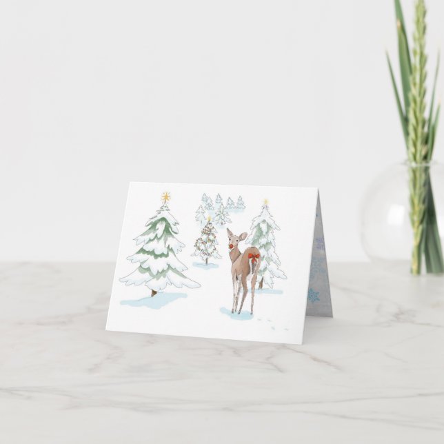Hirsche im Schneewald mit RedNose Feiertagskarte (Vorderseite)