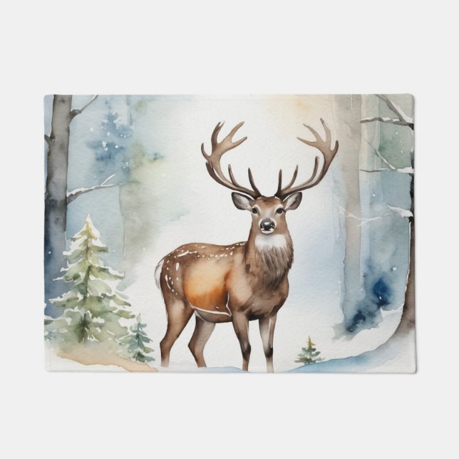 Hirsche im Schneewald Weihnachtsbaumen Wasserfarbe Fußmatte (Vorderseite)