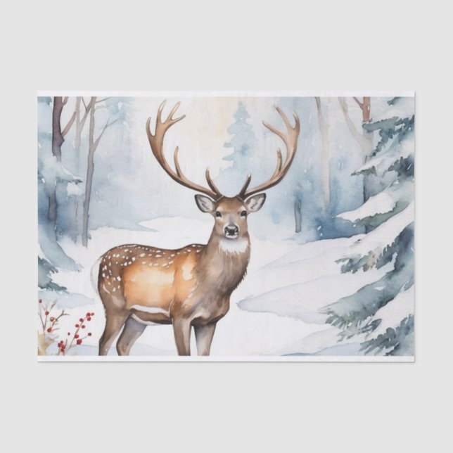 Hirsche im Schneewald Weihnachtsbaumen Wasserfarbe Seidenpapier (Vorderseite)