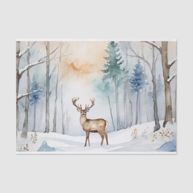 Hirsche im Schneewald Weihnachtsbaumen Wasserfarbe Seidenpapier (Vorderseite)