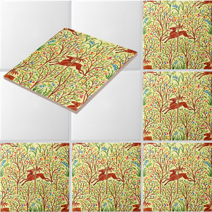 Hirsche im Wald Retro Art Nouveau Muster von Voyse Fliese