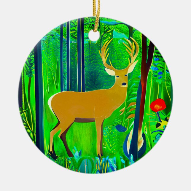Hirsche in einem Fantasy-Wald Keramik Ornament (Vorne)