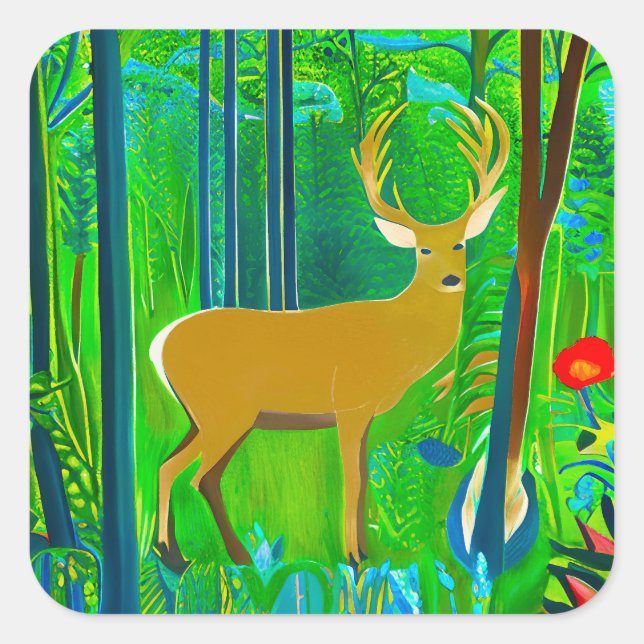 Hirsche in einem Fantasy-Wald Quadratischer Aufkleber (Vorderseite)