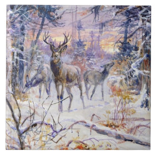 Hirsche in einem Schneewald (Wintersaison) Fliese