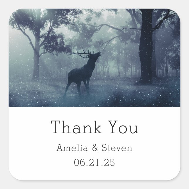 Hirsche in einem Wald - Hochzeit Danke Quadratischer Aufkleber (Vorderseite)