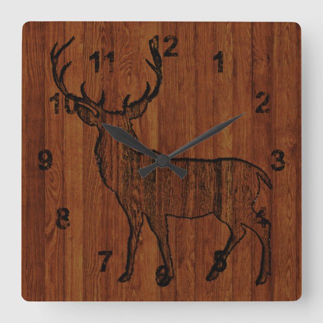 Hirsche, in Holz gegossen Quadratische Wanduhr (Vorderseite)