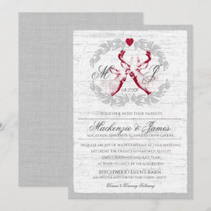 Hirsche in Kränz mit Monogramm Silber und Rot Einladung