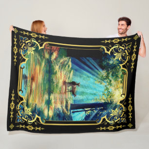 Hirsche in sonnendurchfluteten Wäldern und Wasser Fleecedecke