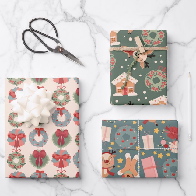 Hirsche, Kranz und Lebkuchenmuster Geschenkpapier Set (Vorderseite)