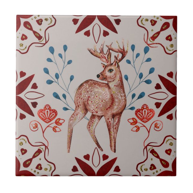 Hirsche Magische Volkskunst Nordische Kunst Fliese (Vorderseite)