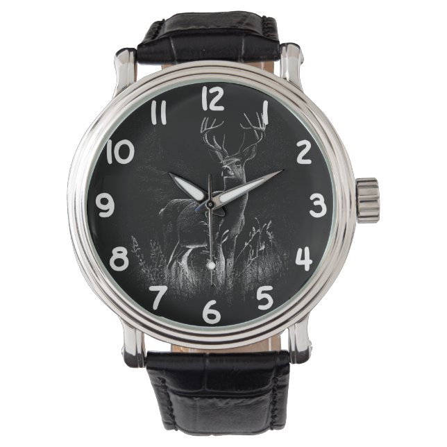 Hirsche mit Geweihen, die von Feld und Baum gerahm Armbanduhr (Vorderseite)