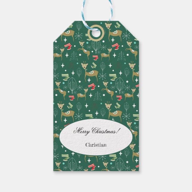 Hirsche mit Weihnachtsbäumen und Schneeflocken Geschenkanhänger (Vorderseite)