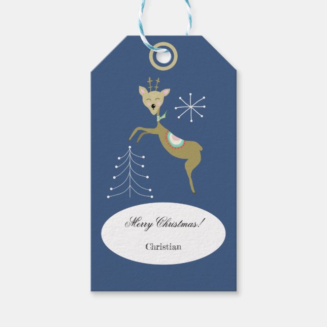 Hirsche mit Weihnachtsbäumen und Schneeflocken Geschenkanhänger (Vorderseite)