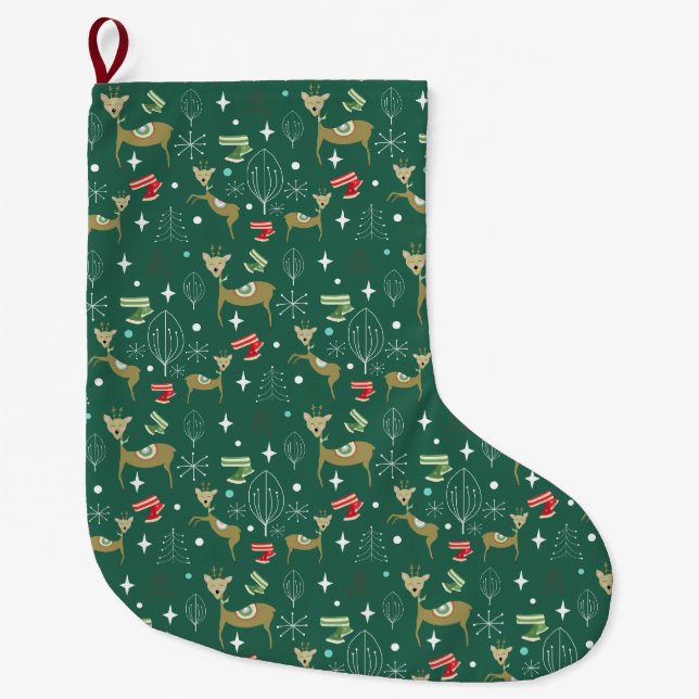 Hirsche mit Weihnachtsbäumen und Schneeflocken Großer Weihnachtsstrumpf (Vorderseite)