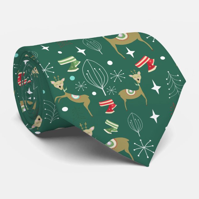 Hirsche mit Weihnachtsbäumen und Schneeflocken Krawatte (Gerollt)