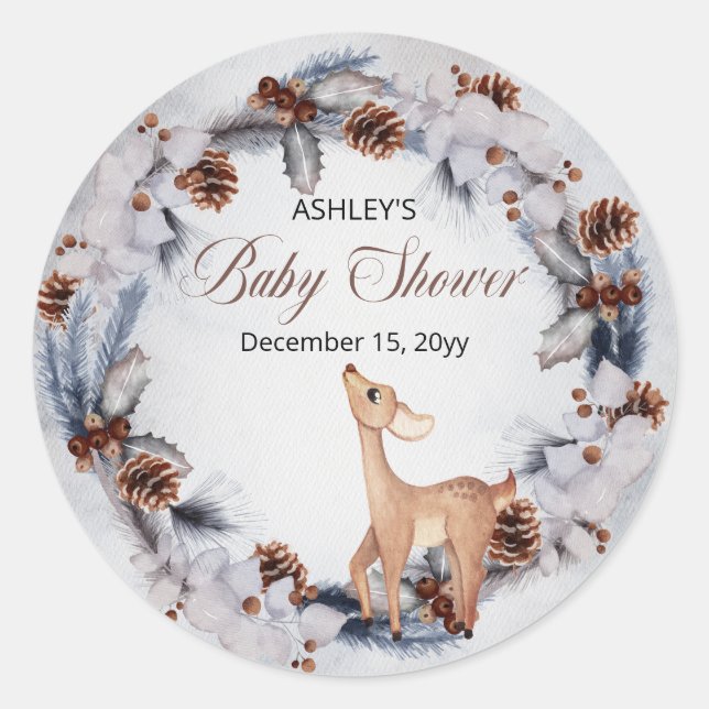 Hirsche Rustikale Winter Floral Baby Dusche Runder Aufkleber (Vorderseite)