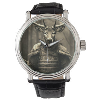 Hirsche Samurai Battlefield schwarze Lederuhr Armbanduhr