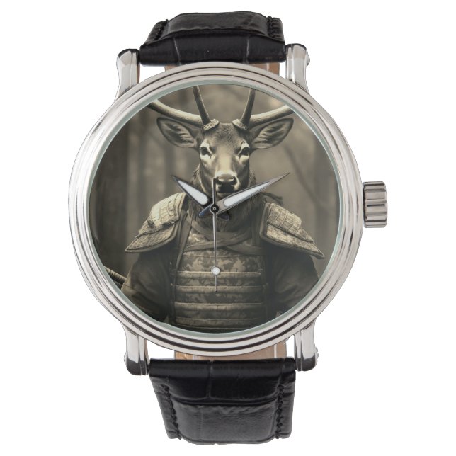 Hirsche Samurai Battlefield schwarze Lederuhr Armbanduhr (Vorderseite)