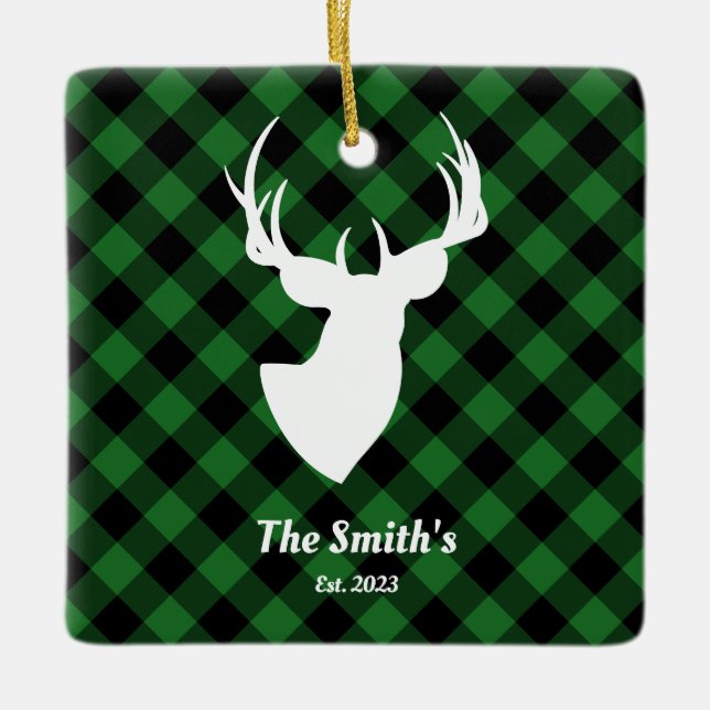 Hirsche Silhouette Green Black Buffalo Karierte Fa Keramikornament (Vorderseite)