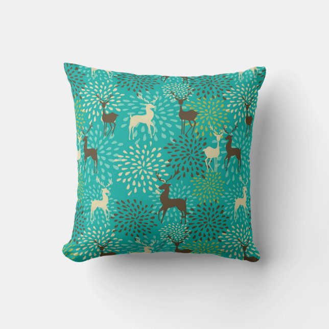 Hirsche und Blume Muster - Aqua und Braun Winter Kissen (Vorderseite)
