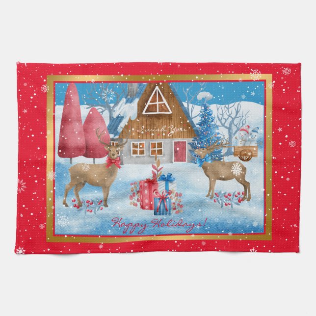 Hirsche und Geschenke auf Urlaub Abend individuali Geschirrtuch (Horizontal)