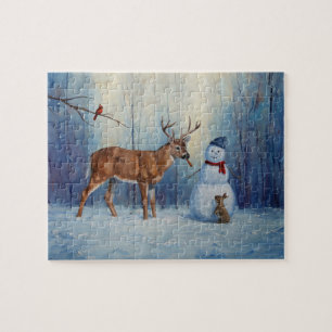 Hirsche und Happy Snowman Winterurlaubslandschaft