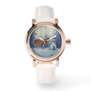 Hirsche und Happy Snowman Winterurlaubslandschaft Armbanduhr