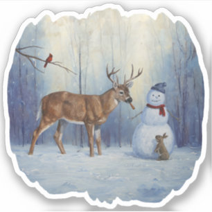 Hirsche und Happy Snowman Winterurlaubslandschaft Aufkleber