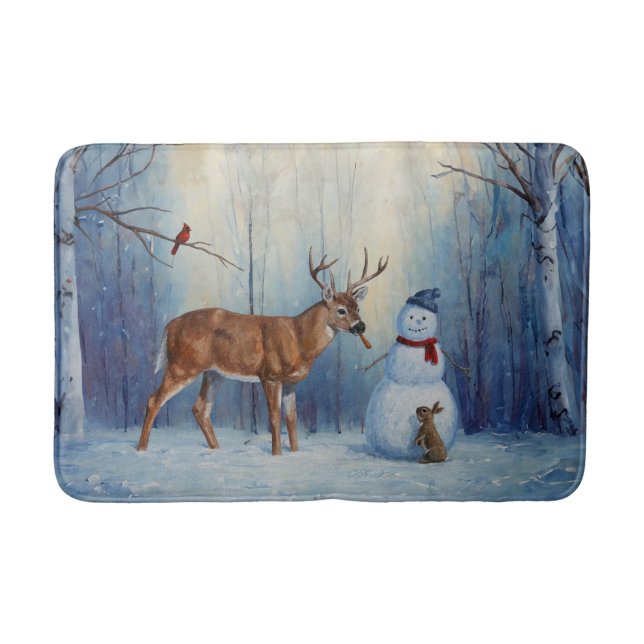 Hirsche und Happy Snowman Winterurlaubslandschaft Badematte (Vorderseite)