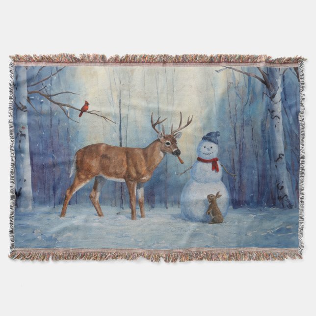 Hirsche und Happy Snowman Winterurlaubslandschaft Decke (Vorderseite)