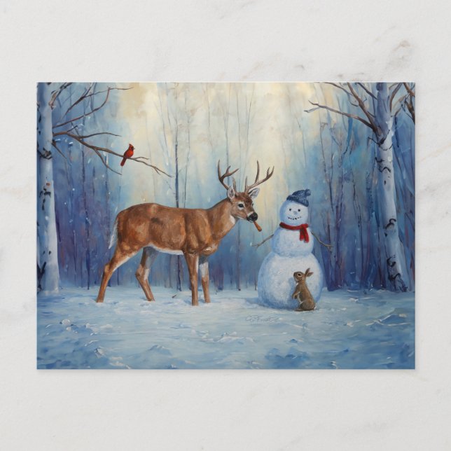 Hirsche und Happy Snowman Winterurlaubslandschaft Feiertagspostkarte (Vorderseite)