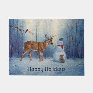 Hirsche und Happy Snowman Winterurlaubslandschaft Fußmatte