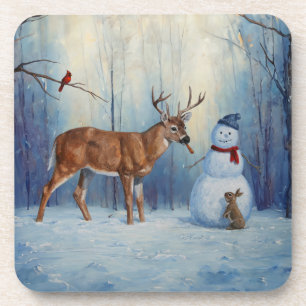 Hirsche und Happy Snowman Winterurlaubslandschaft Getränkeuntersetzer