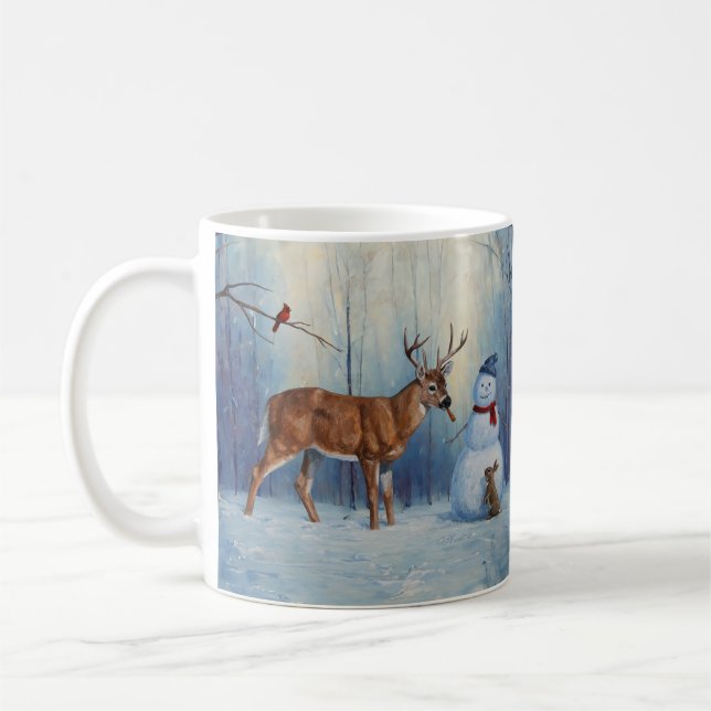 Hirsche und Happy Snowman Winterurlaubslandschaft Kaffeetasse (Links)