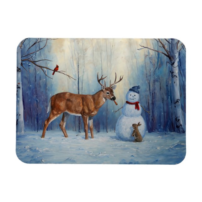 Hirsche und Happy Snowman Winterurlaubslandschaft Magnet (Horizontal)
