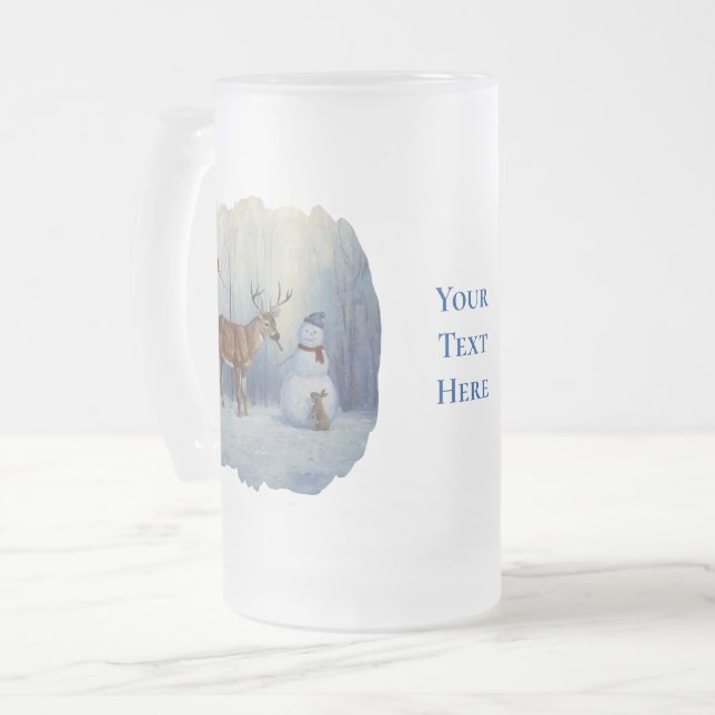 Hirsche und Happy Snowman Winterurlaubslandschaft Mattglas Bierglas (Vorderseite Links)