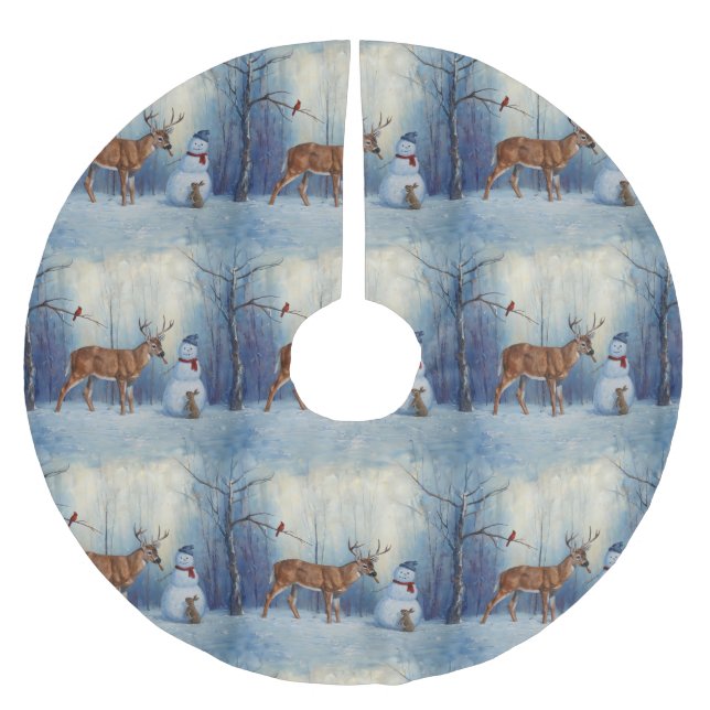 Hirsche und Happy Snowman Winterurlaubslandschaft Polyester Weihnachtsbaumdecke (Vorderseite)